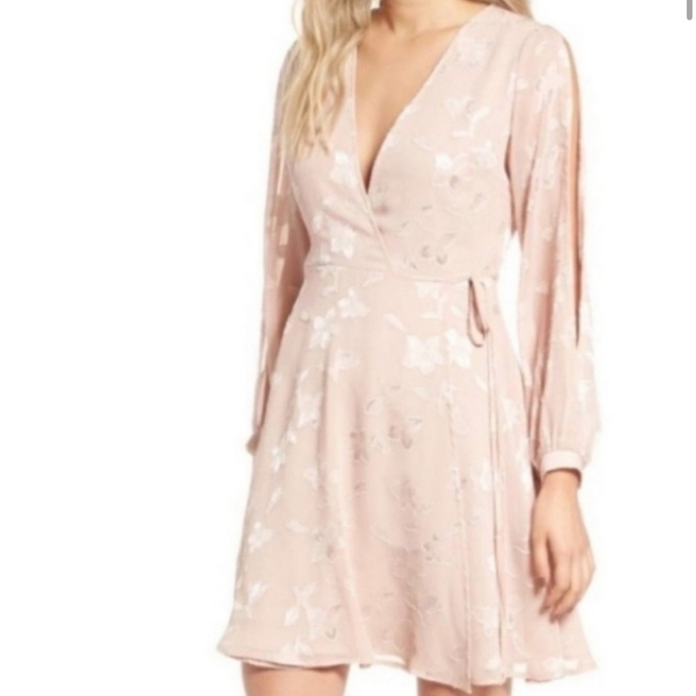 Astr The Label Burnout Floral Blush Pink Long Split
Sleeve Mini Wrap Dress